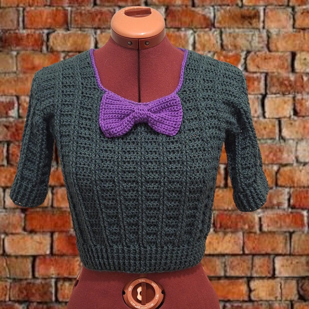 Green Knit Sweater with Purple Bow